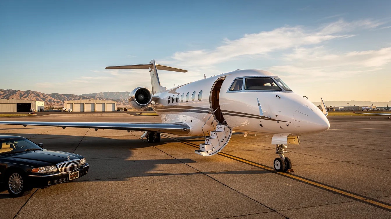 Business jet on the ramp at golden hour with its airstair down